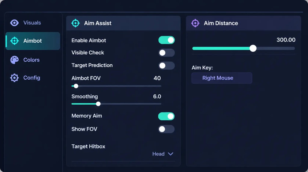 Warframe aimbot menu with FOV, smoothing, and aim distance controls