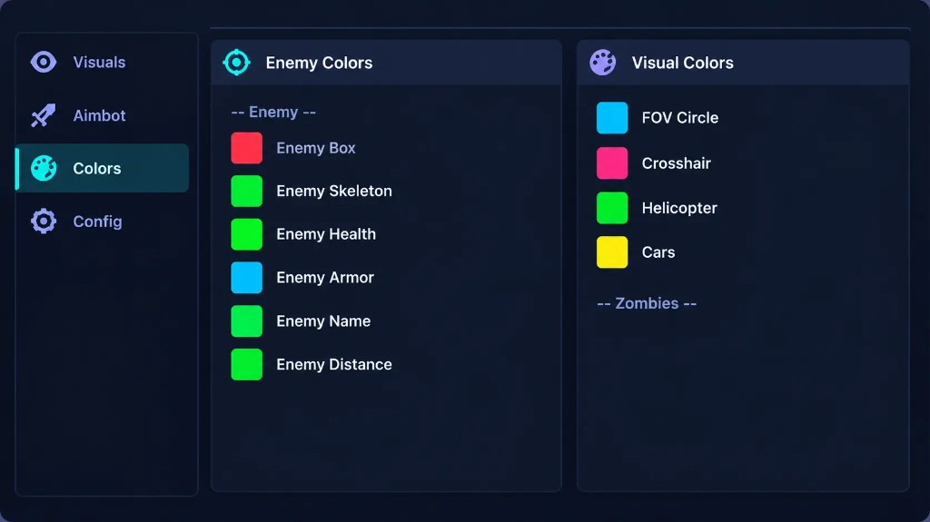 Warframe cheat color settings for enemy ESP and visual overlays
