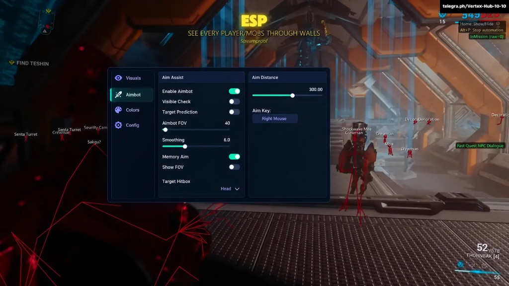 Warframe ESP overlay showing enemies through walls with streamproof labels